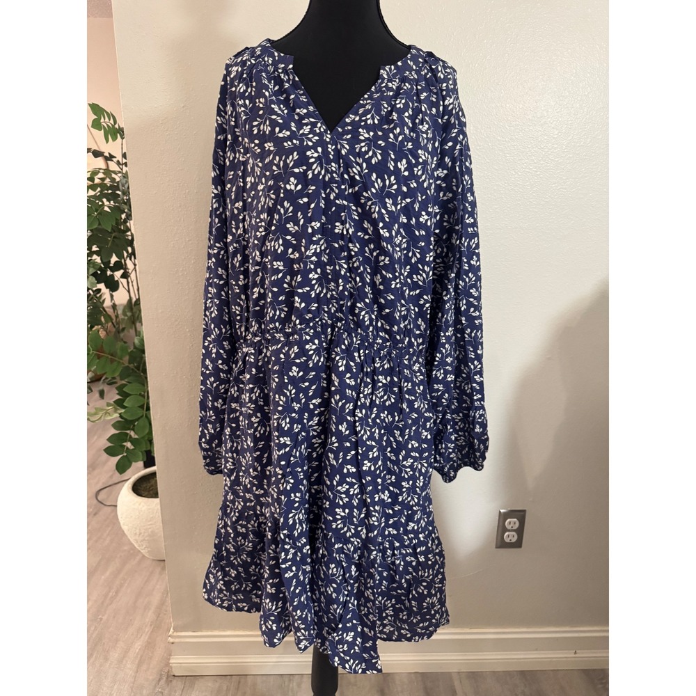 Draper James Navy Blue White Floral Long Sleeve Ruffle Hem Mini Dress XL